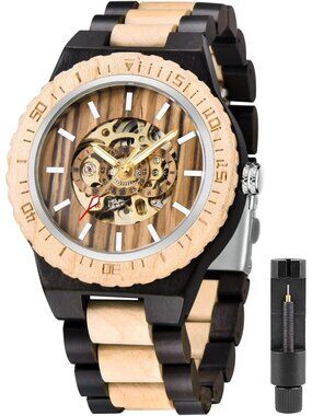 Men's Black And Beige Analog No Battery Fashion Mechanical Movement Wooden Watch